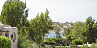 Je thuis voelen in The Three Corners in Egypte Uitzicht op zwembad en groene tuin van The Three Corners Rihana